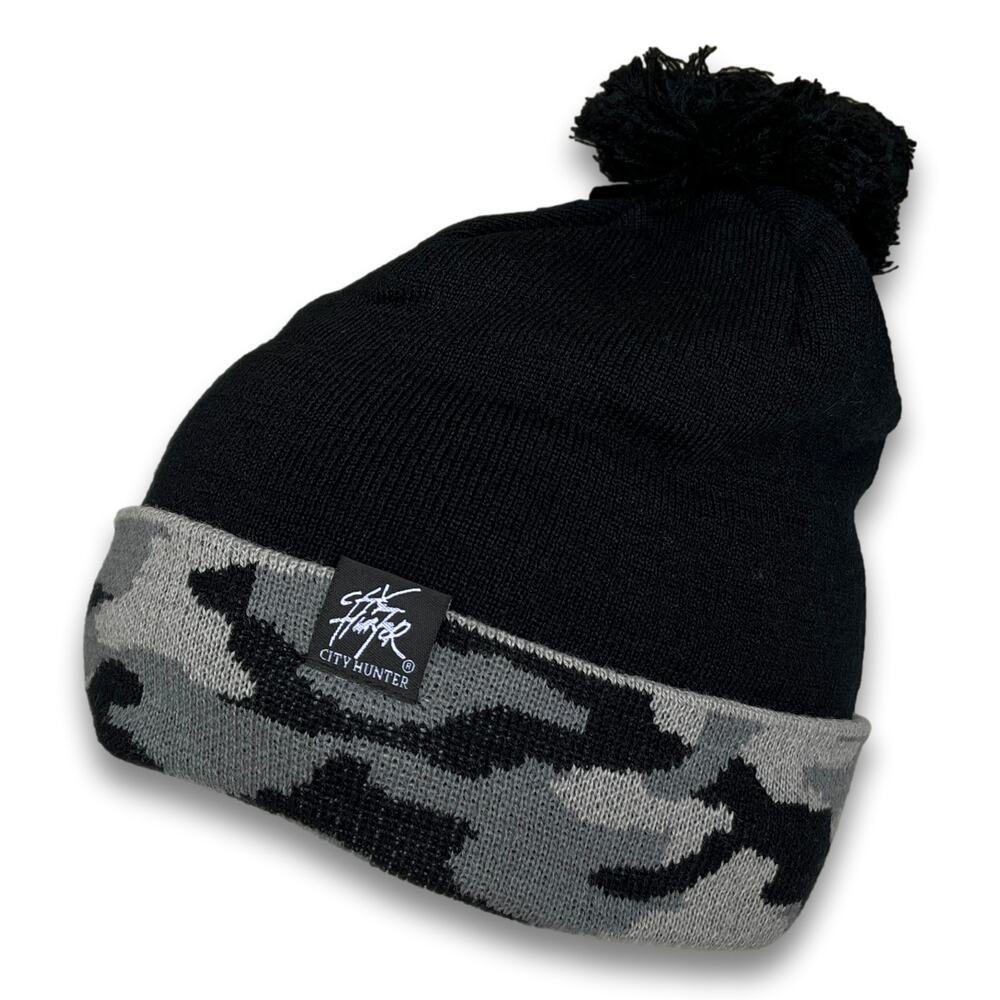 Thick Double Layered Beanie Camo Pattern Long Cuffed Ski Snowboard Hat with Pom